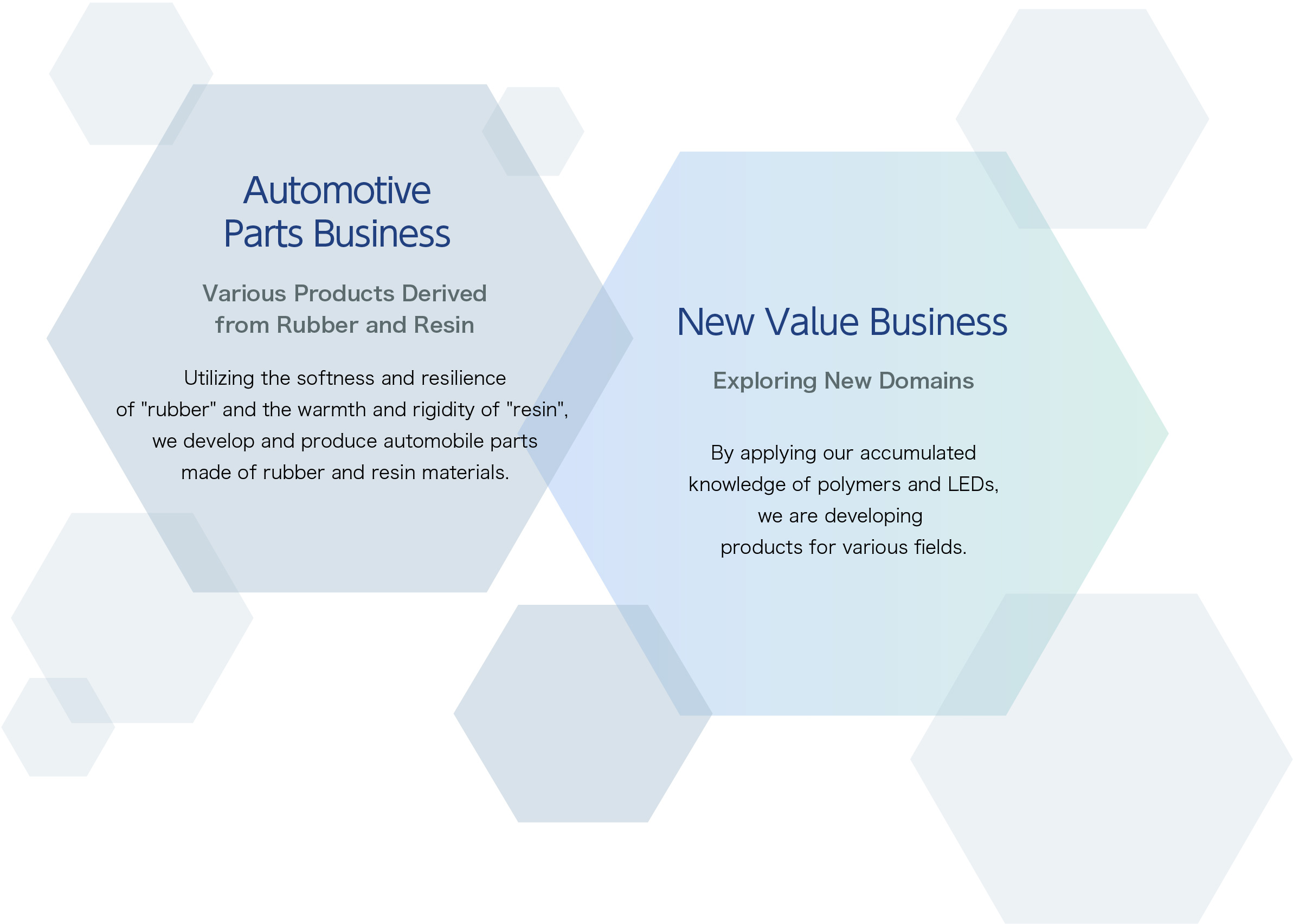 As a member of the Toyota Group, Toyoda Gosei primarily focuses on automobile parts and operates globally.In addition, we are developing new products in new fields by leveraging our cultivated technology in polymers and LEDs.